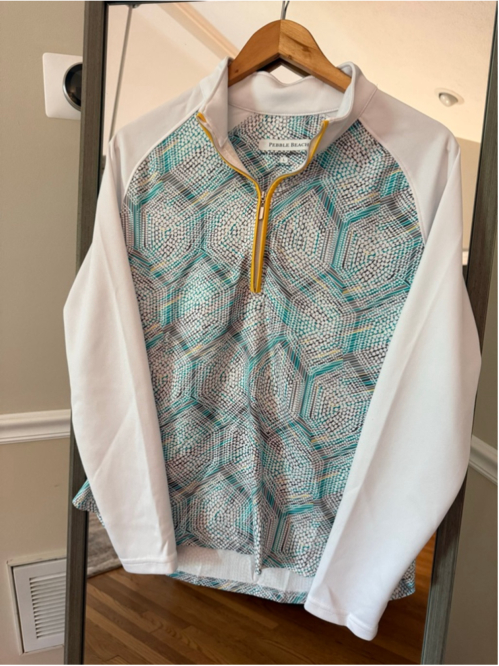Pebble Beach Women's Long Sleeve Pullover White Teal Geometric L - Picture 2 of 5